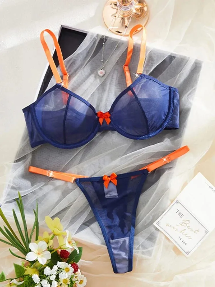 女性のランジェリーネイビーブルー薄手のメッシュ下着鋼リングブラジャーオレンジリボン皮ひも 2 個セクシーなランジェリーコントラストカラー下着