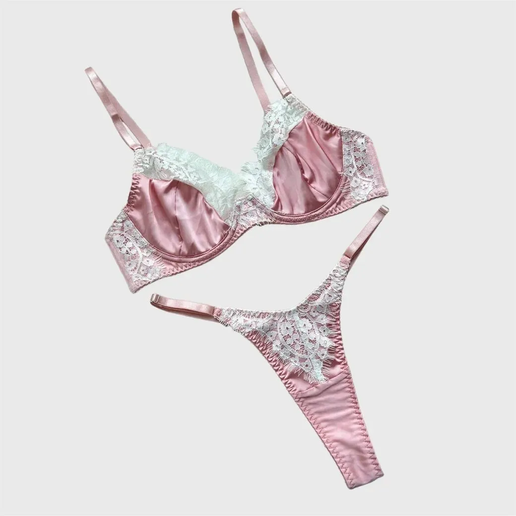 Ellolace conjuntos de lingerie feminina romântica coquette cetim renda sutiã tanga 2pc magro sensual quente traje doce juventude roupa interior da menina — image 2