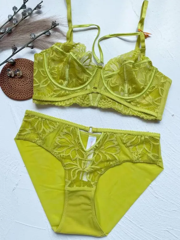 mataas na kalidad na mga sexy lace na pambabaeng bra at maikling two piece set push up lace B C D cup wire summer lingerie underwear purple green