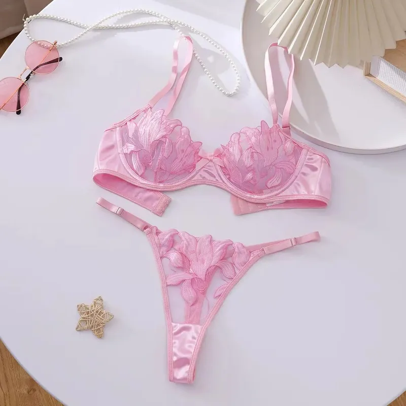 Floral Embroidery Sexy Lingerie Set for Women Underwear Transparent Bralette Underwire Push Up Bra and Panty 2 Piece Set — image 7