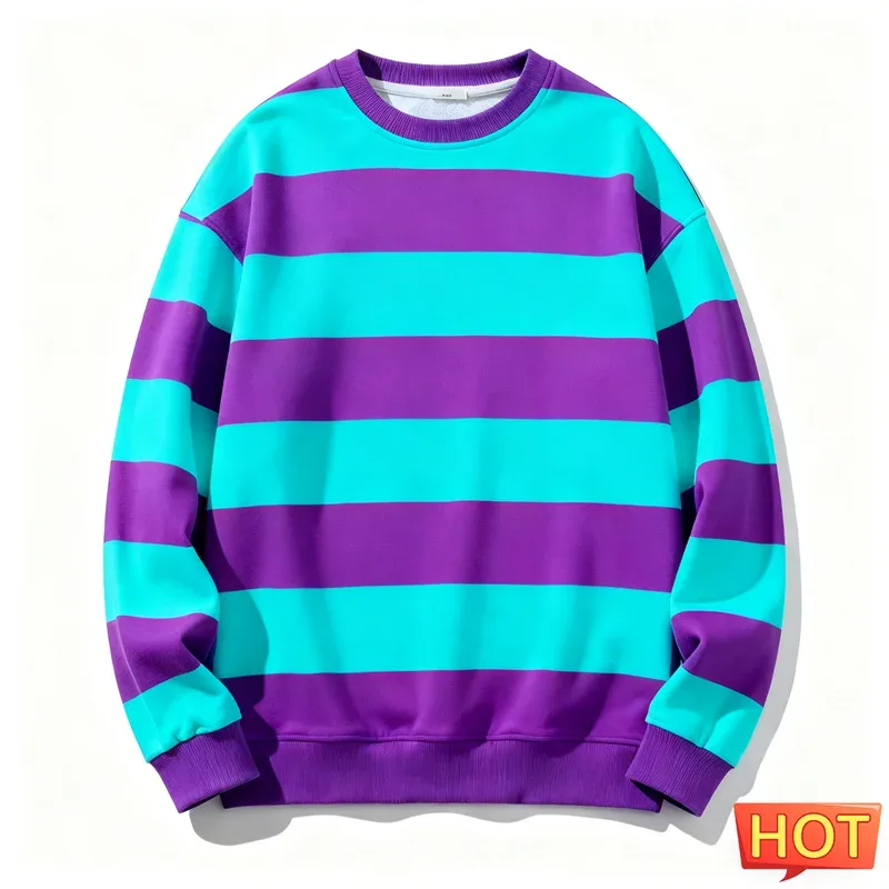 Moletons gráficos listrados retrô para homens, simples, casuais, manga comprida, estampa 3D, feio, solto, respirável, pulôveres com gola redonda