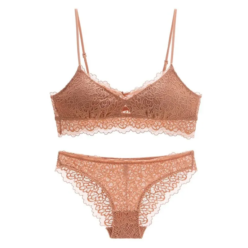 triangle full lace wire free pullover cotton Brassiere with pad and panties small underwear sets hollow out comfortable — image 1