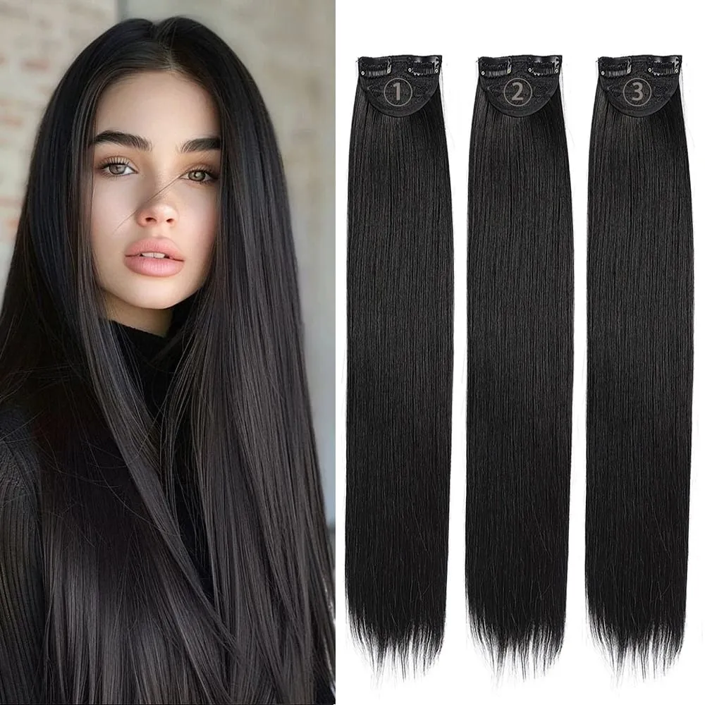 3PCS Thick Light brown Long Straight Set 24inch Synthetic Clip in Hair Extensions for Women