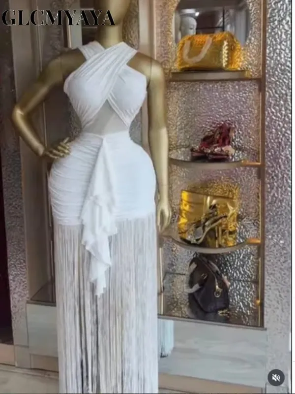 CM.YAYA Women Wraped Halter Neck Tassel Patchwork Stacked Midi Bodycon Maxi 2026 Spring Summer Holiday Party Trendy Long Dresses