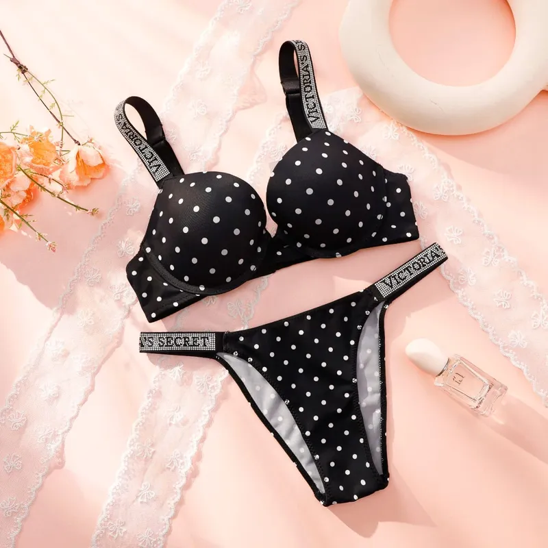 Victoria secret muito sexy brilho script bolinhas push up sutiã brilho script tanga conjunto de calcinha feminina lingerie sexy quente