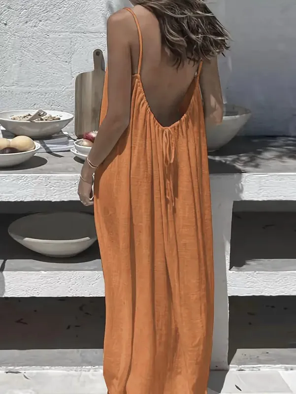 2026 New European & American Cross‑border Women’s Wear Solid Color Loose Casual Versatile Slip Backless Maxi Dress