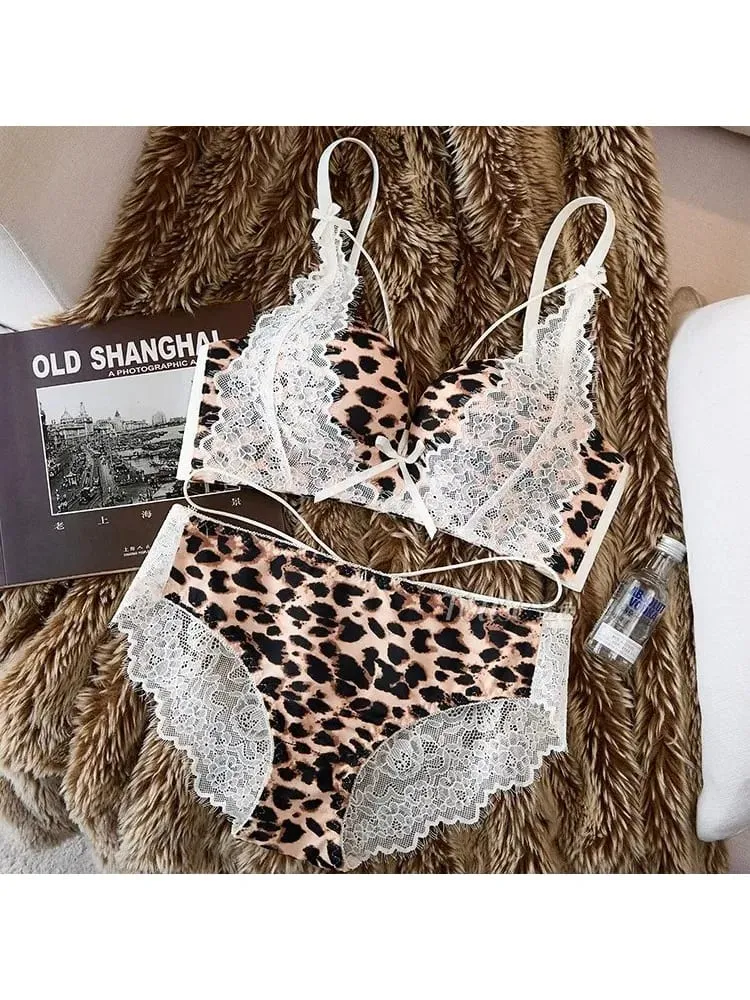Women Leopard Lace Lingerie Set 32‑38AB Wireless Push‑Up Bra Side Breast Support Anti‑Sag Sexy Pure Desire Underwear — image 6