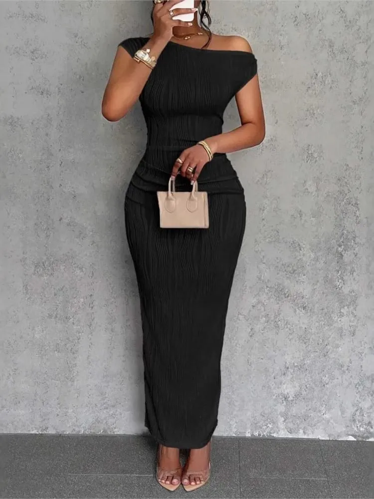 Mode Vatten Ripple Sned Shoulder Dress Dam Elegant och Enkel Enfärgad A-linje krage Mellan midjan Sexig höftomlott kjol — image 3