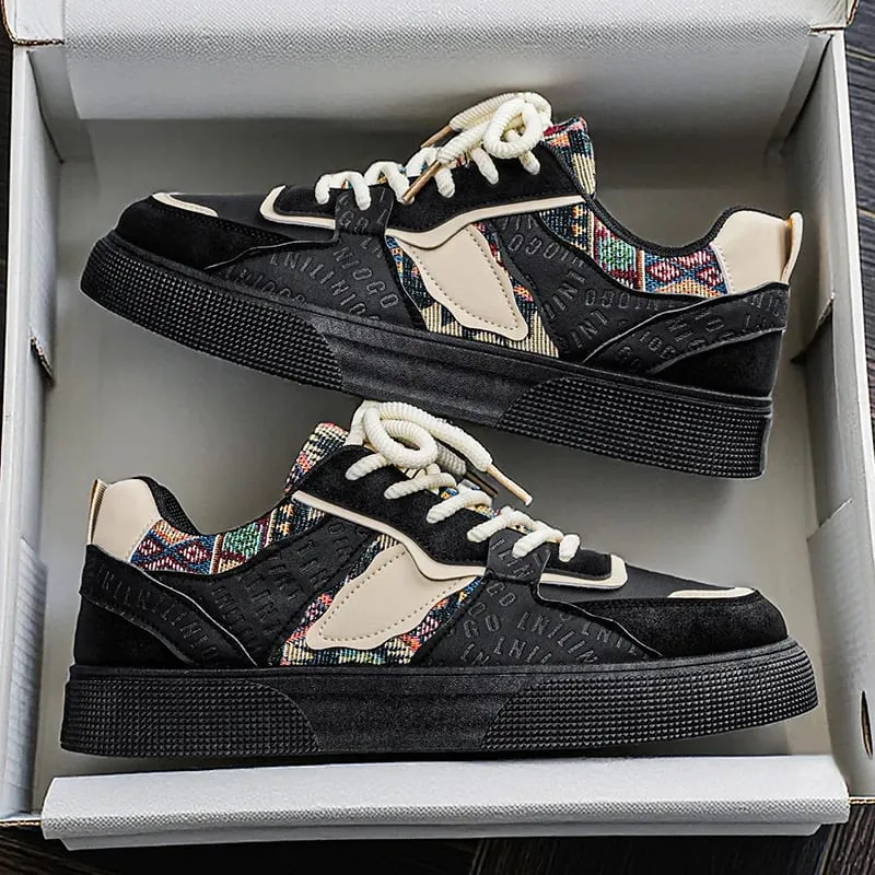 Men's Vintage Patchwork Platform Sneakers - Ethnic Tribal Print Low-Top Casual Shoes Retro Fashion Walking Sneakers for Men — image 2