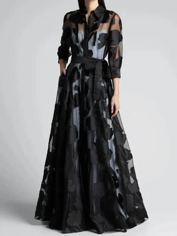 Elegante manga de três quartos com nó cintura jacquard malha maxi vestido para mulheres sem forro transparente clube festa vestido longo