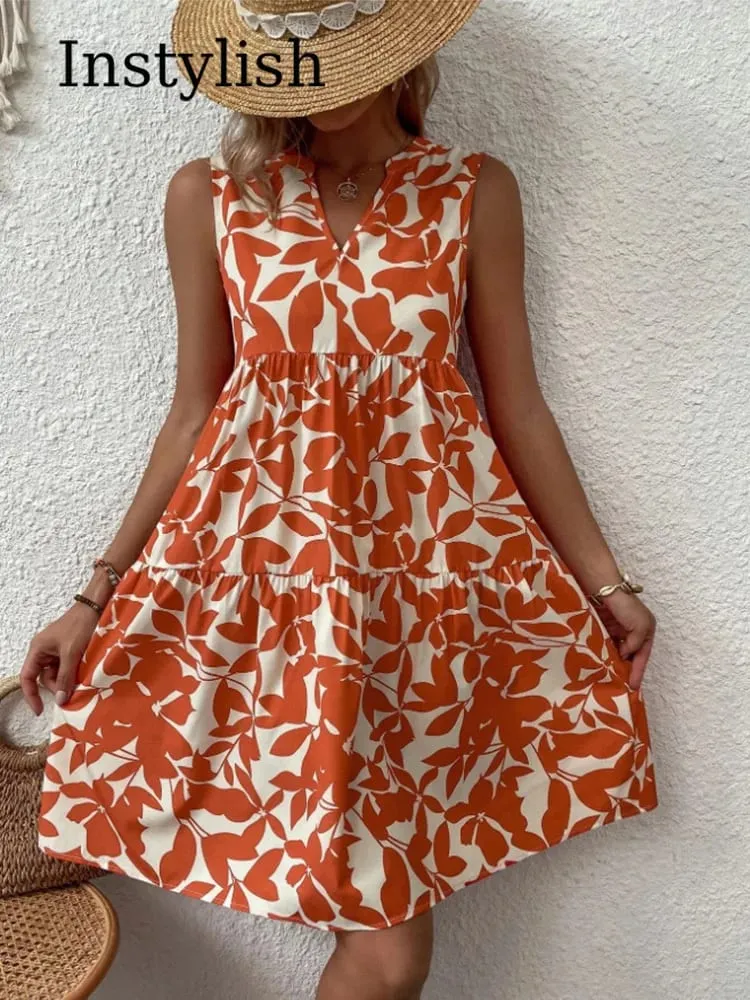 Mulheres boho impressão mini vestido de verão elegante sem mangas com decote em v plissado a linha vestido tanque casual solto oversize praia festa vestido de verão — image 4