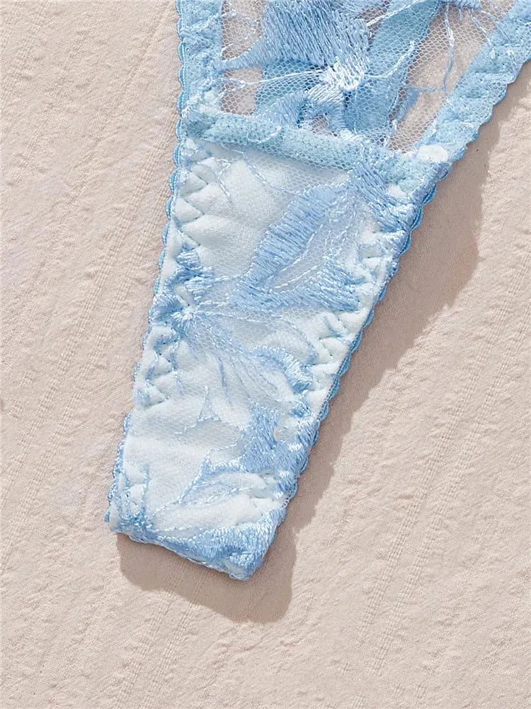 Transparent Underwear Thong New Fashion Sexy Lingerie Set Embroidery Romantic Bra Brief Set Lace See Through Blue Exotic Sets — image 3