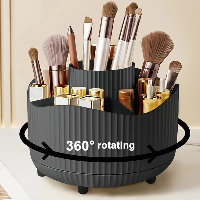 360-Degree Rotating Makeup Organizer 5 Slot Plastic Cosmetic Storage Elegant Stripe Versatile Holder for Brushes Office Supplies — image 8