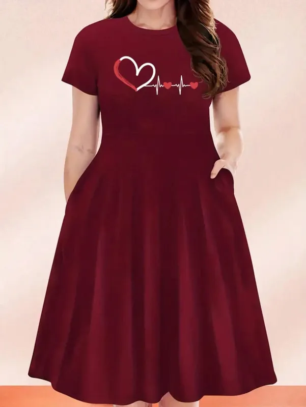 2026 Women's Four Seasons Love at First Sight Heartbeat Printed Casual Loose Black Short Sleeved Large Short Skirt Dress — image 1