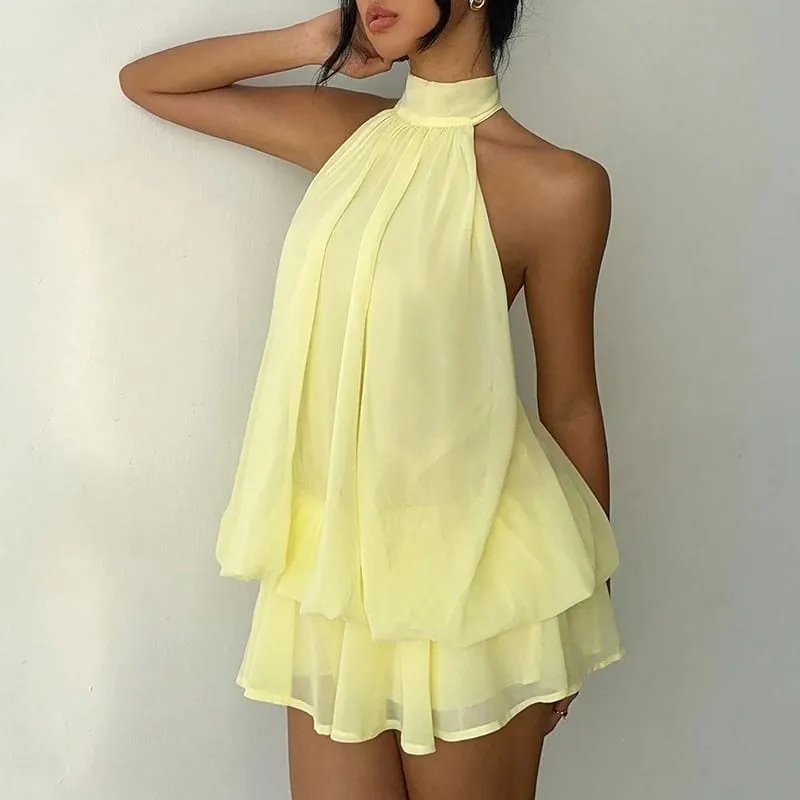 French Style Solid Color Halter Dress Women Sleeveless Off Shoulder Backless A Line Mini Dress Spicy Girl Beach Vacation Dresses — image 5