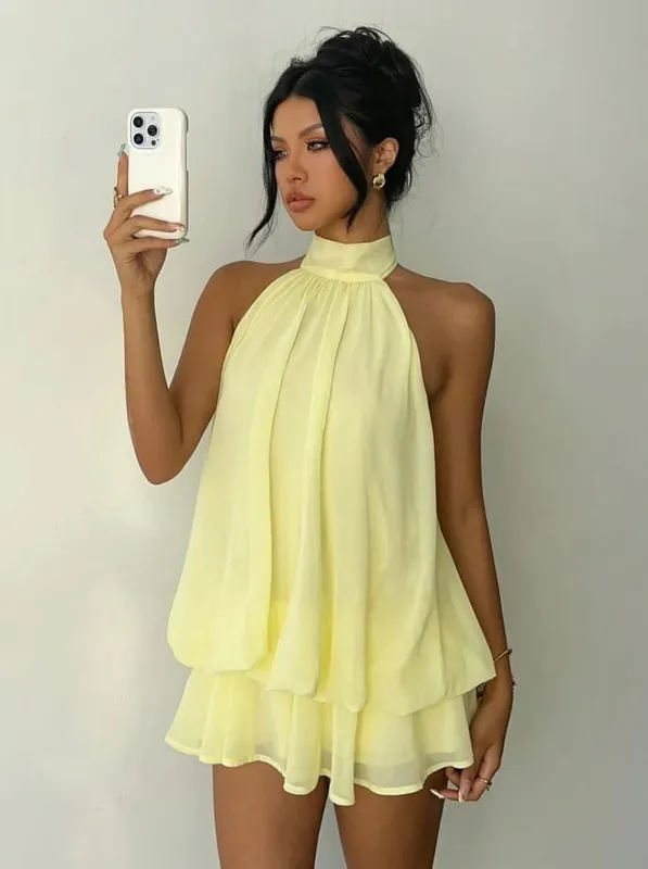 Women's Vacation Slim Fit Fashion Sexy Backless Halter Tie Waist Versatile Solid Color Dress Stylish and Comfortable Summer — image 1