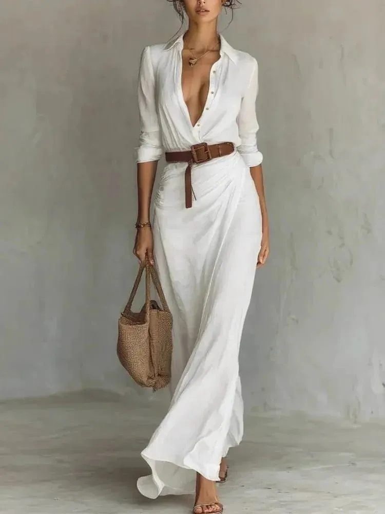Fashion Sexy Single-breasted V-neck Long-sleeved Dress For Women Elegant Spring Autumn Solid Color Irregular Belt Dresses Female — image 2