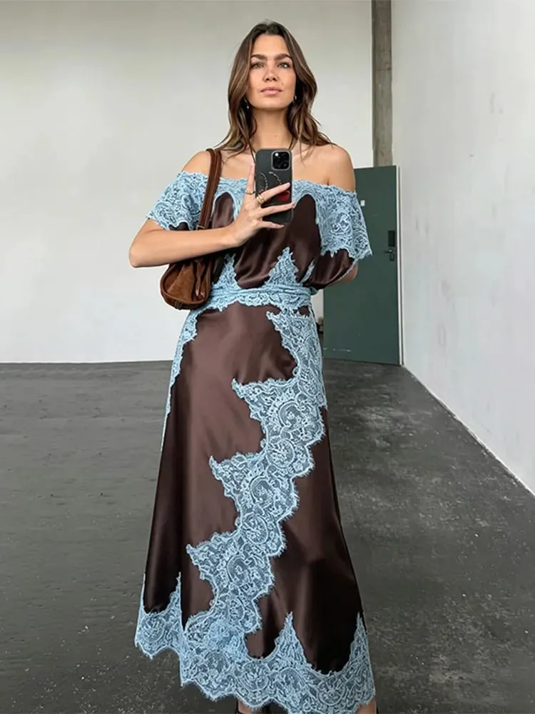 Elegant Lace Patchwork Long Women's Dress Urban Skew-collar Maikling Manggas Empire Pambabae Dresses 2026 Summer Vacation Lady Robe — image 5