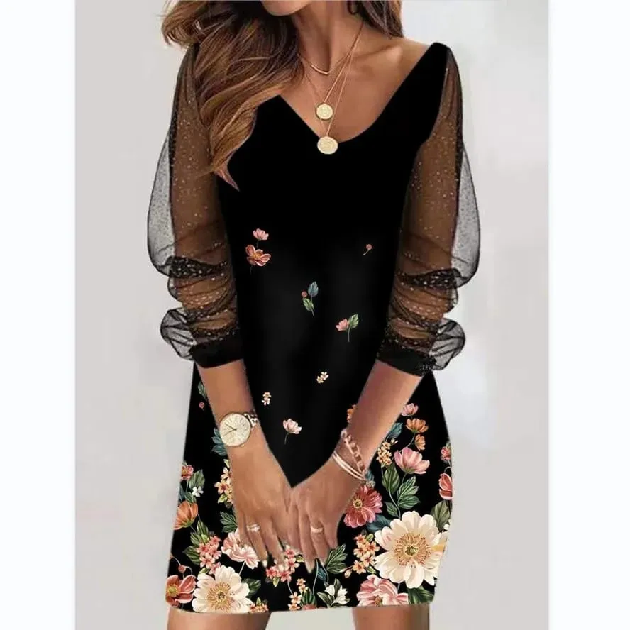 2024 novo estilo primavera em torno do pescoço lantejoulas perspectiva gaze vestido senhora