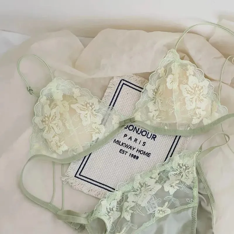 French Triangle Cup Bralette Embroidered Lace Wireless See Through Hollow Out Sexy Pure Desire Lingerie Set MOYISU Sexy Tushy — image 5