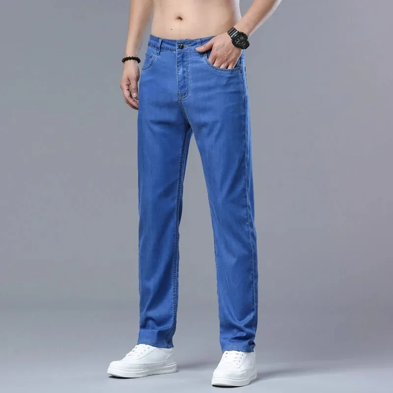 Lyocell Jeans Summer Ultra-Thin Elastic Straight Men's Denim Pants Fashion Korean Soft Drape Cool Business Casual Trousers — image 7