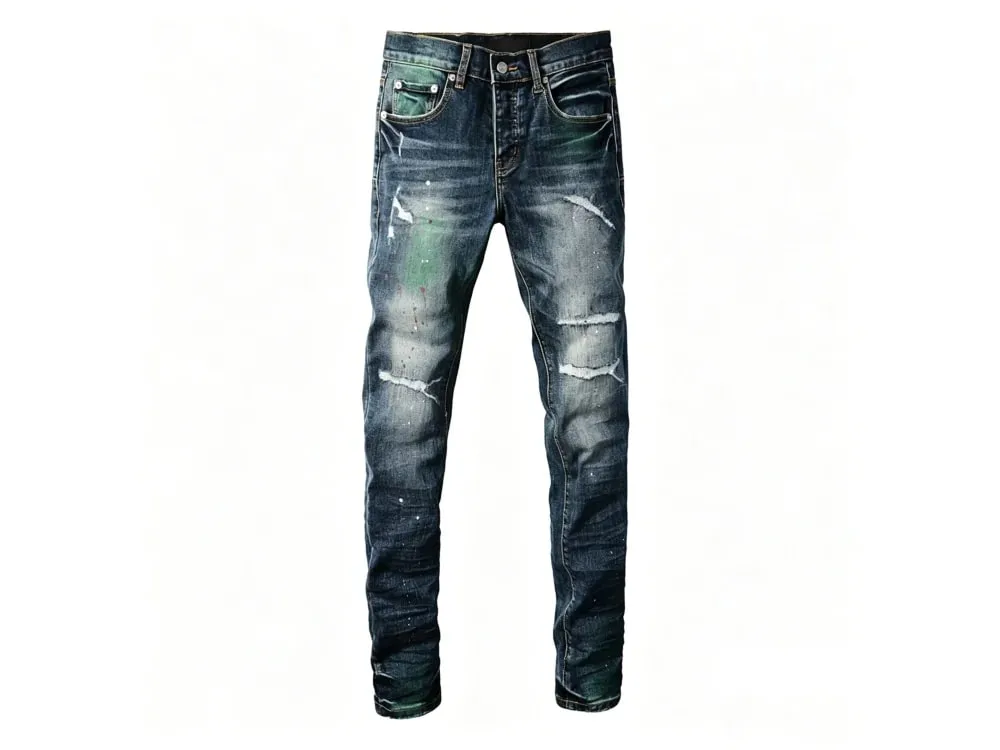 Men's Slim Taper Vintage Distressed Ripped Jeans Blue Gradient Green Red Paint Splatter Button Fly High Street Fashion Denim Pan — image 8