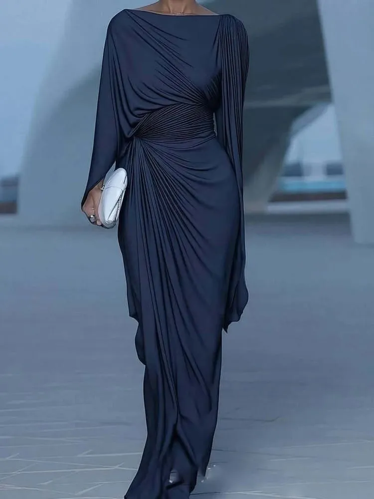 Elegant High Waist Solid Color Banquet Dress Lady Leisure Irregular Long Sleeve Dress Sexy Slash Collar Pleat Slim Evening Dress — image 2