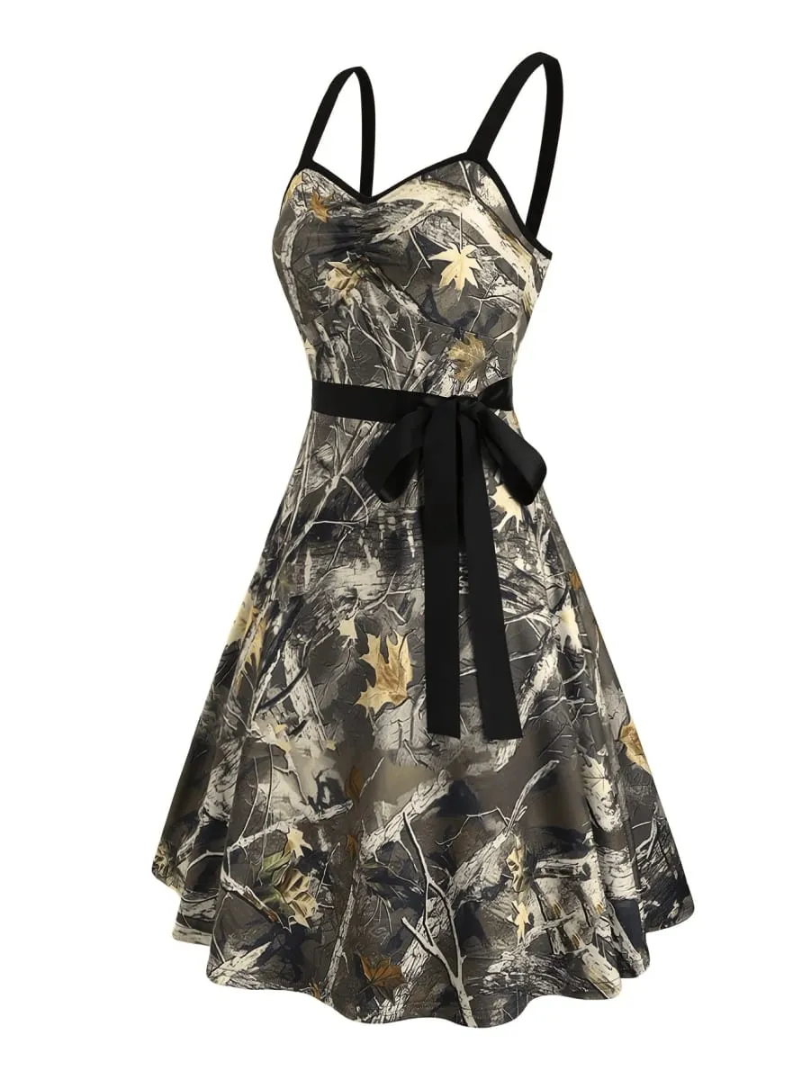 Womens Camo Print Spaghetti Strap Mini Dress Sweetheart Neck Bowknot Waist A Line Summer Party Dress — image 2