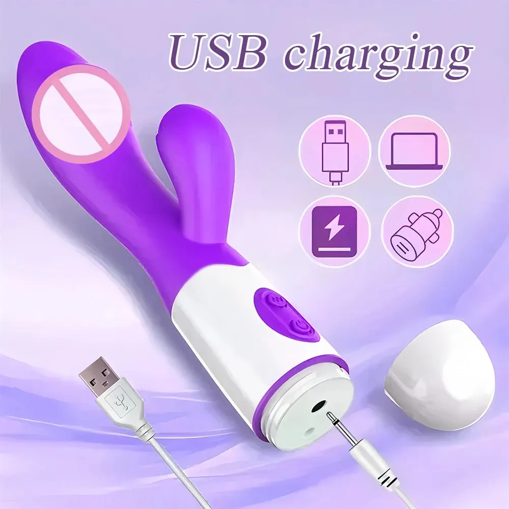 Silicone Rabbit Vibrator G Spot Dildo Dual Vibrating Clitoris Massager 10 Speeds Sex Toy for Women