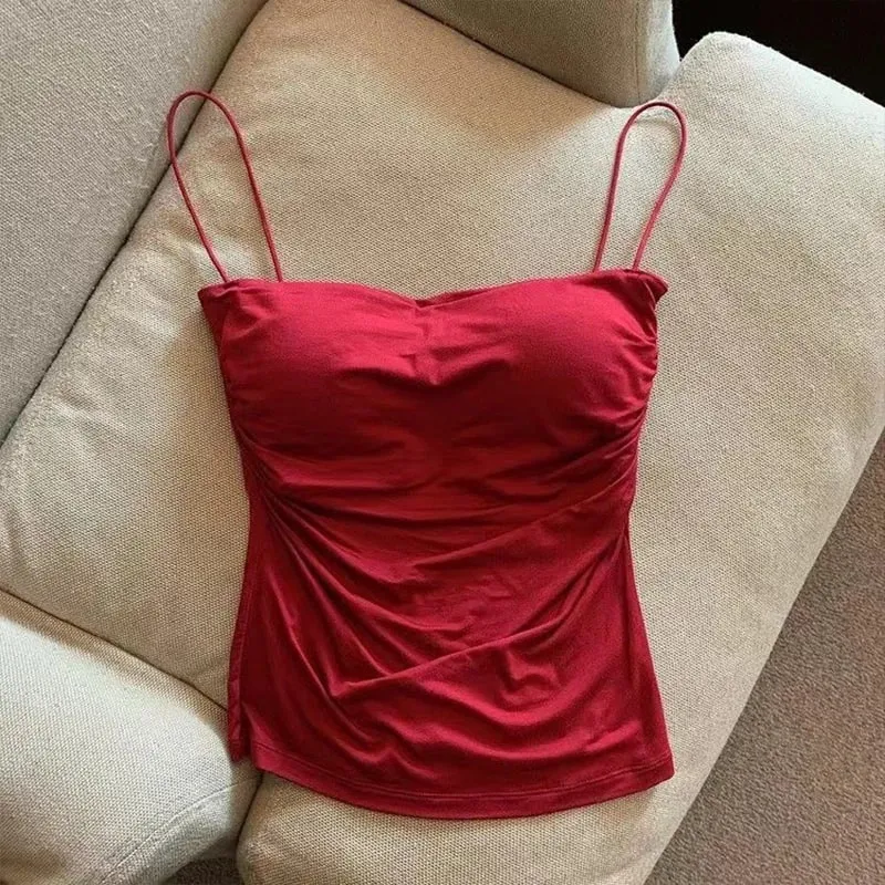 Sexy Solid Pleated Tank Camisole Women's Summer Spaghetti Strap Sleeveless Tops — image 6