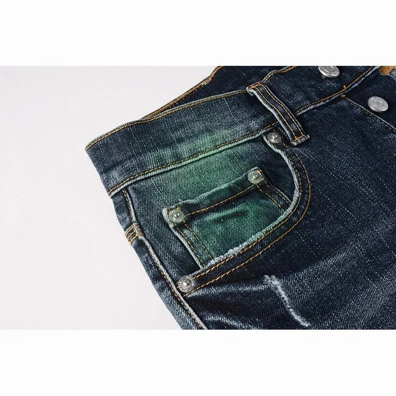 Men's Slim Taper Vintage Distressed Ripped Jeans Blue Gradient Green Red Paint Splatter Button Fly High Street Fashion Denim Pan — image 4