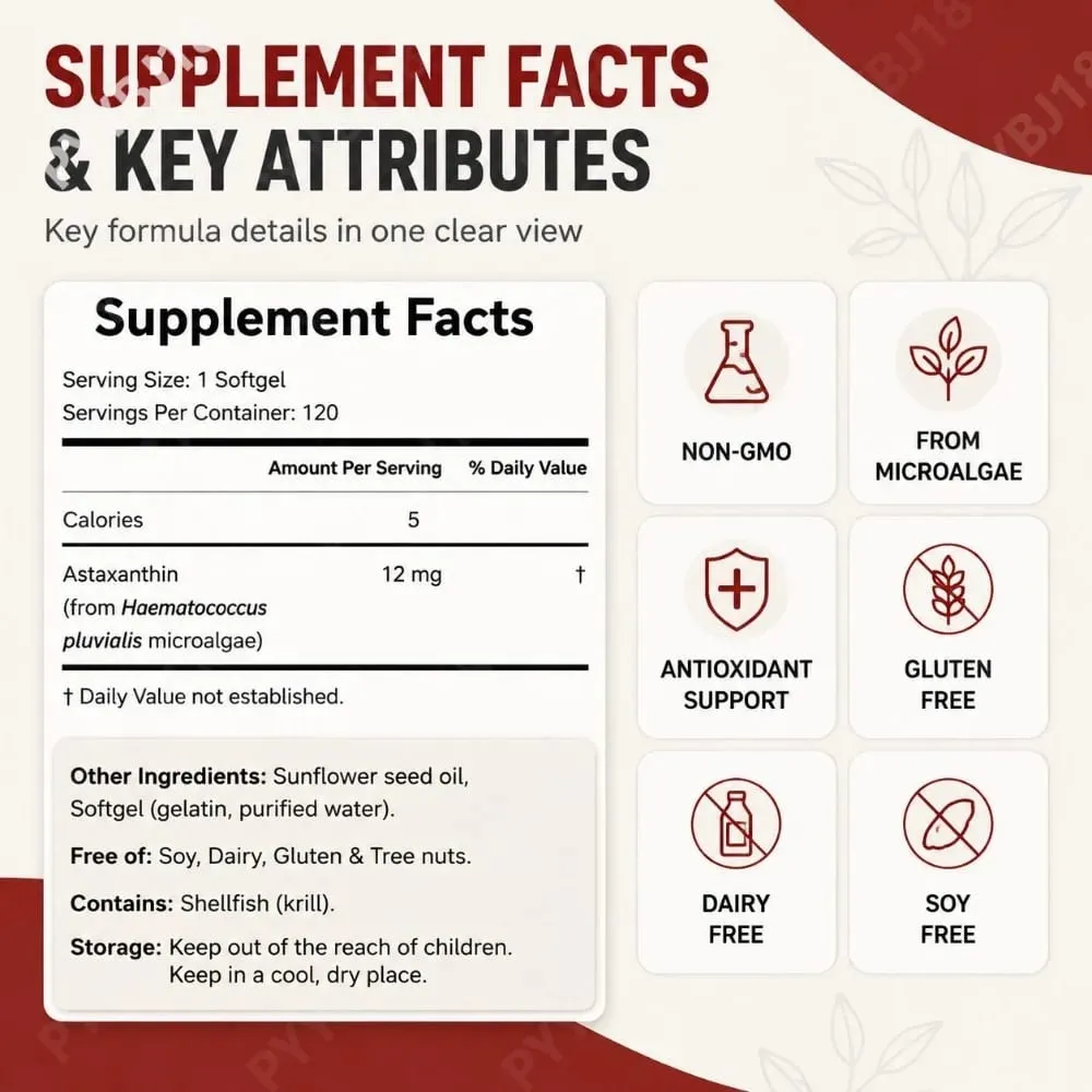 Astaxanthin 12mg Softgels from Microalgae Triple Strength Antioxidant Supplement Cellular Wellness & Everyday Balance 120 Count — image 3