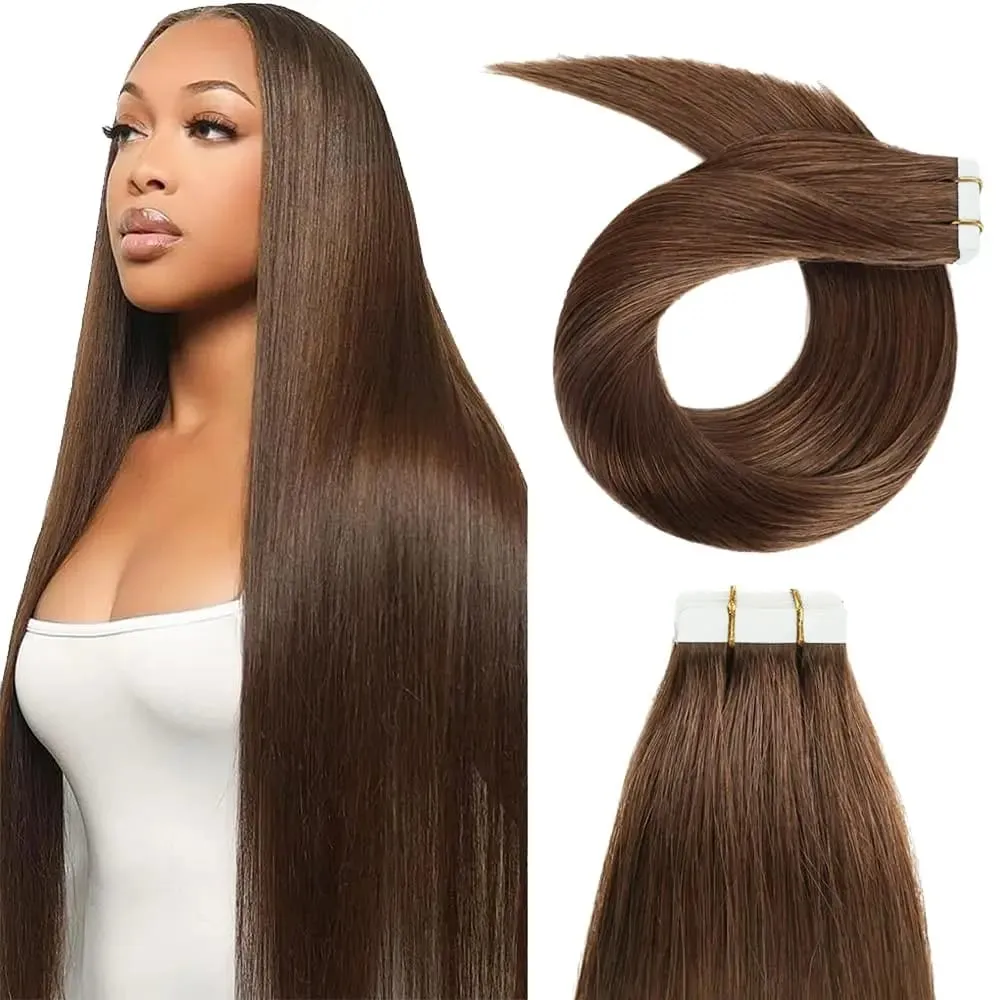 #4 Brown Tape in Hair Extensions Human Hair 50g Human Hair Tape in Extensions 20Pcs Dark Brown Tape Ins Seamless Chocolate Brown — image 2