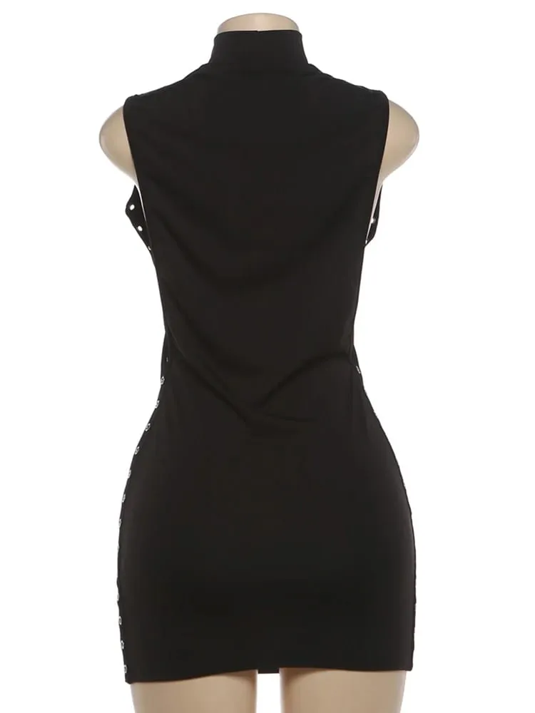 Nibber pêssego hip mini vestido mulher o-pescoço sem mangas lado oco design anéis de metal decoração magro meia-noite clube festa bodycon — image 6