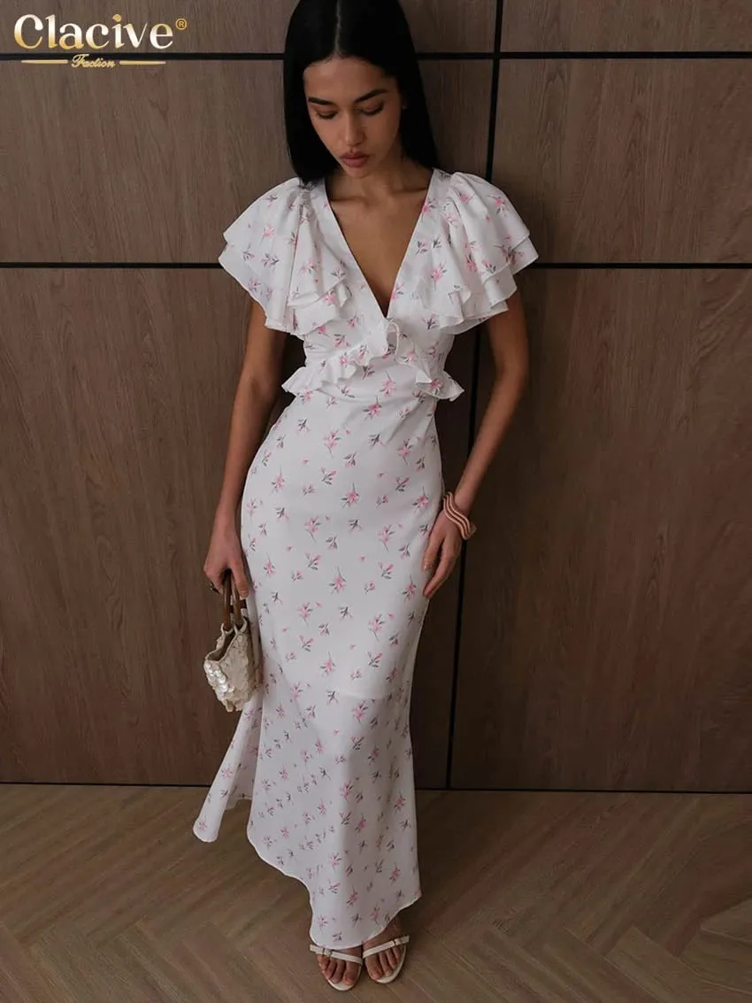 Clacive Sexy Loose Print Pambabaeng Dress 2026 Summer V-Neck Maikling Manggas Haba ng Bukong-bukong Dresses Elegant Classic Ruffles Pambabaeng Dress — image 3