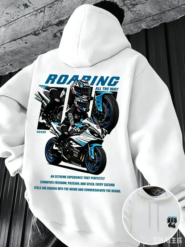 Winter and Autumn Men's Street Fashion Hooded Sweatshirt with "motorcycle" Print Pattern Fleece for Outdoor Warm Cozy Feeling — image 5