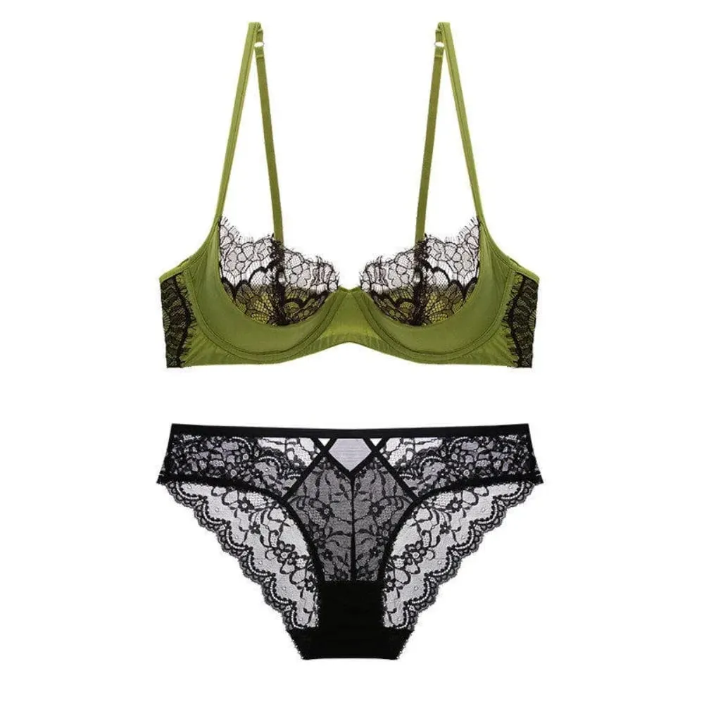 Conjunto de sutiã de renda transparente, plus size, meia xícara, ultra fino, minimizador, suporte de elevação, respirável, copo grande, conjunto de roupa íntima combinando — image 6
