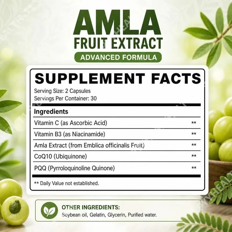 Docteat Amla fruktextraktkapslar för immunstöd och hudhälsa med vitamin C Vitamin B3 CoQ10 och PQQ 60 kapslar — image 3