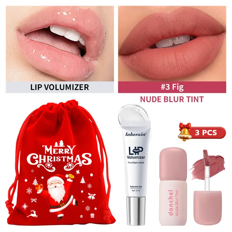 3 Pcs Christmas Lip Set Lip Volumizer Serum & Nude Blur Lip Tint Moisturizing Plumping Long Lasting Matte Lip Makeup Holiday Kit — image 1