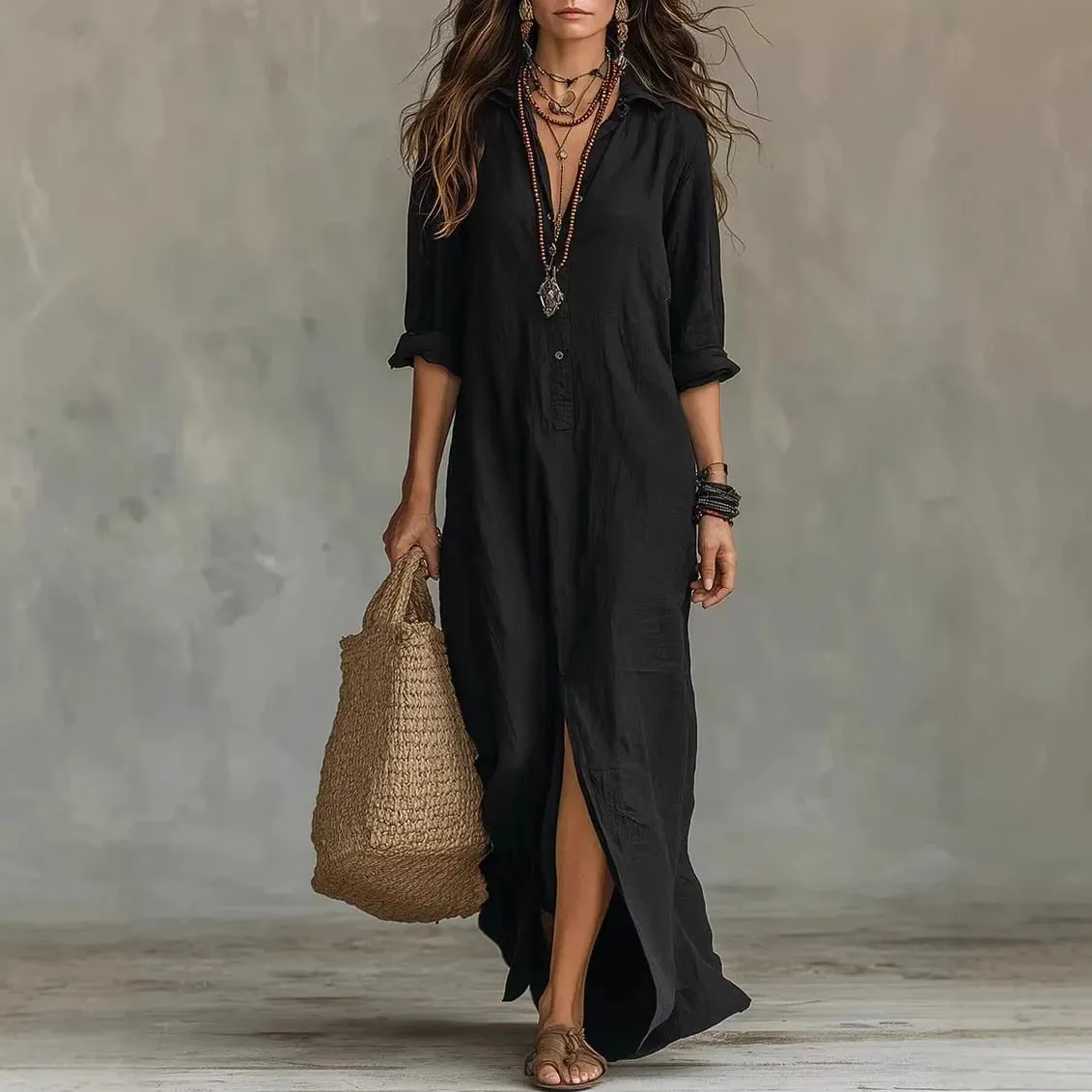 Casual Long Sleeve Loose Maxi Dress Women 2026 Summer Solid Color Turn-down Collar Beach Long Dresses Elegant Vestidos — image 1