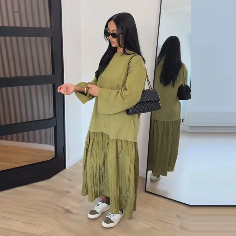 Solid Color Loose Fit Flare Sleeve Tiered Dress Crew Neck Ruffle Hem Pleated Long Maxi Dresses 2026 Spring Chic Casual Outwear — image 11