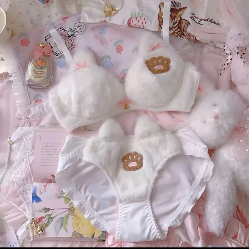 Cute Cat Paw Plush Lingerie Set for Women Warm Winter Bra & Panty with Ears Comfortable Kawaii Underwear — image 17
