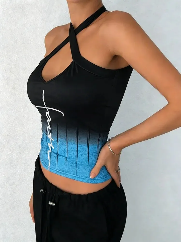 Women's Tank Top Spring Summer Black Blue Gradient Halter Cross V Neck Cutout Handwritten Letter Slim Cropped Chic Daily Casual — image 4