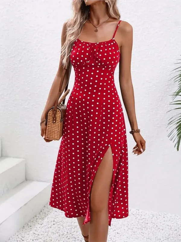 Ny sommar Sexig Spaghetti Straps Klänning Dammode Polka Dot Print Ärmlös slitsklänning Boho Casual Beach Midiklänningar