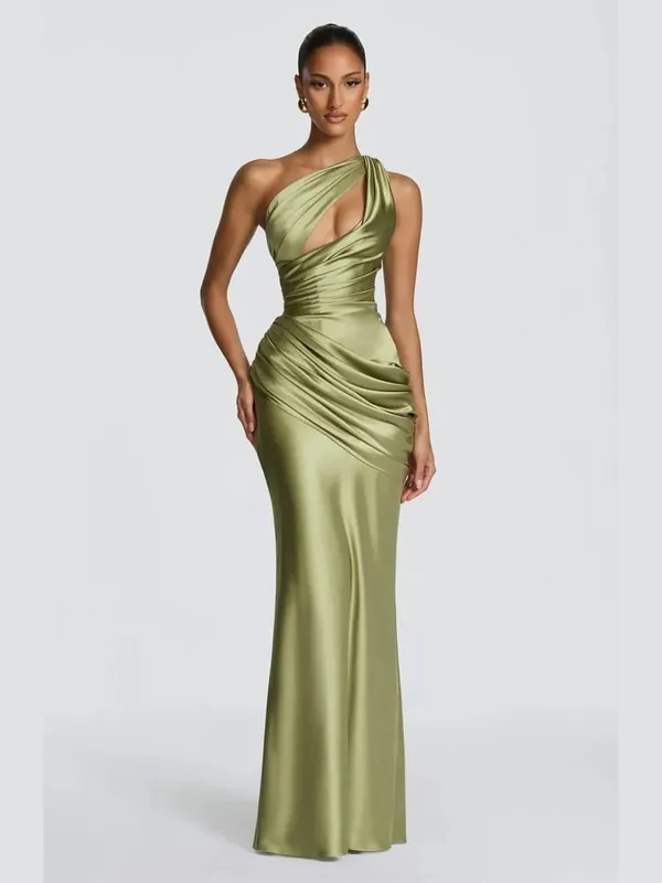 Satin One Shoulder Cutout Long Dress Women Elegant Solid Ruched Mermaid Slim Fit Flowy Vestido 2026 Lady Summer Evening Dresses