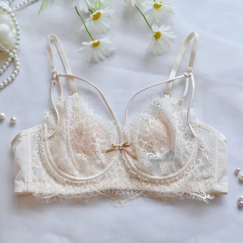 Korean Hot Trend Pure Desire Lace Bra Set Underwire Thin Cup Push Up Large Bust Visually Small Anti Droop Lingerie 32-38 Hot