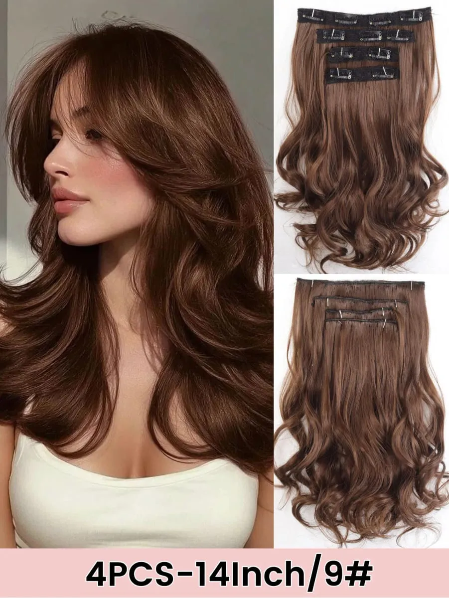 4PCS Full Head 14 Inch Long Curly Wavy Synthetic Hair Pieces Clip In Hair Extensions Natural Wavy For Women Girls Hair