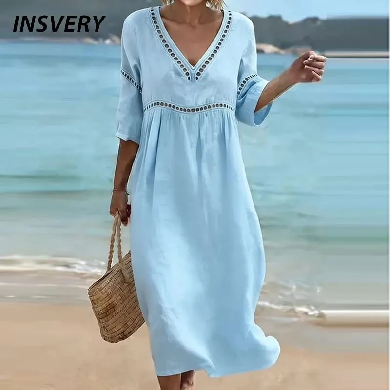 Summer V Neck Half Sleeve Loose Beach Holiday Dress Women Casual Hollow Out Design Solid Color A-line Midi Dress Boho — image 1