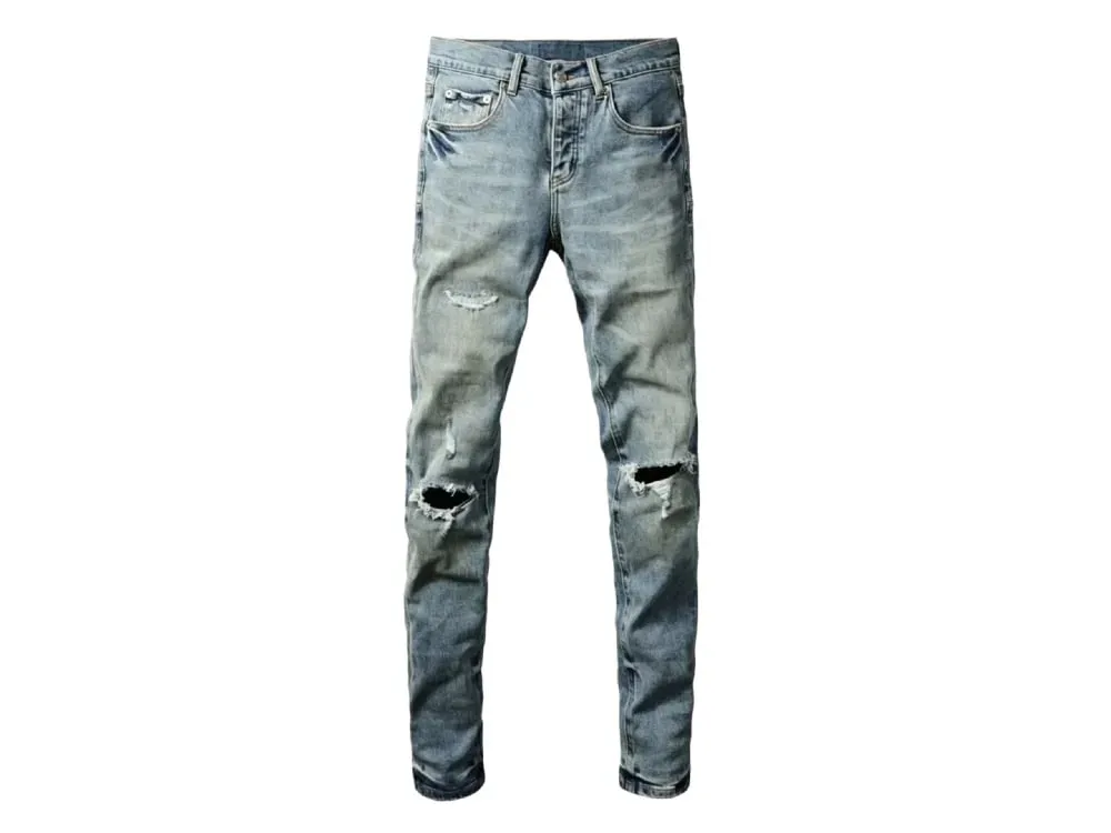 Men's Large Knee Ripped Slim Tapered Jeans Vintage Light Blue Wash Heavily Frayed Button Fly High Street Style