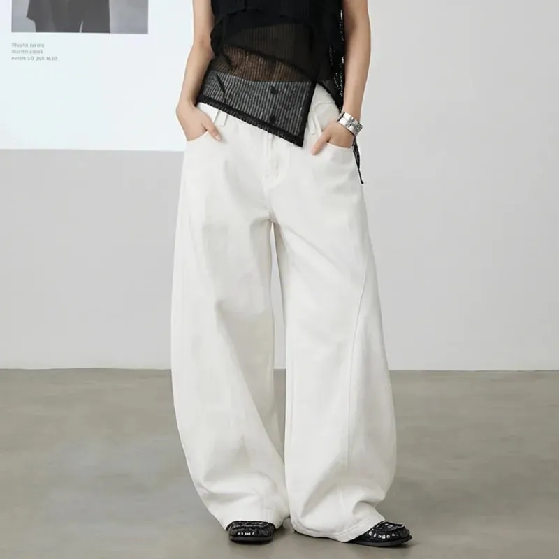 Spring American Style Double Waistband Deconstructed Men's Boot Cut White Jeans Trendy Loose Wide Leg Denim Pants 9X2187 — image 2